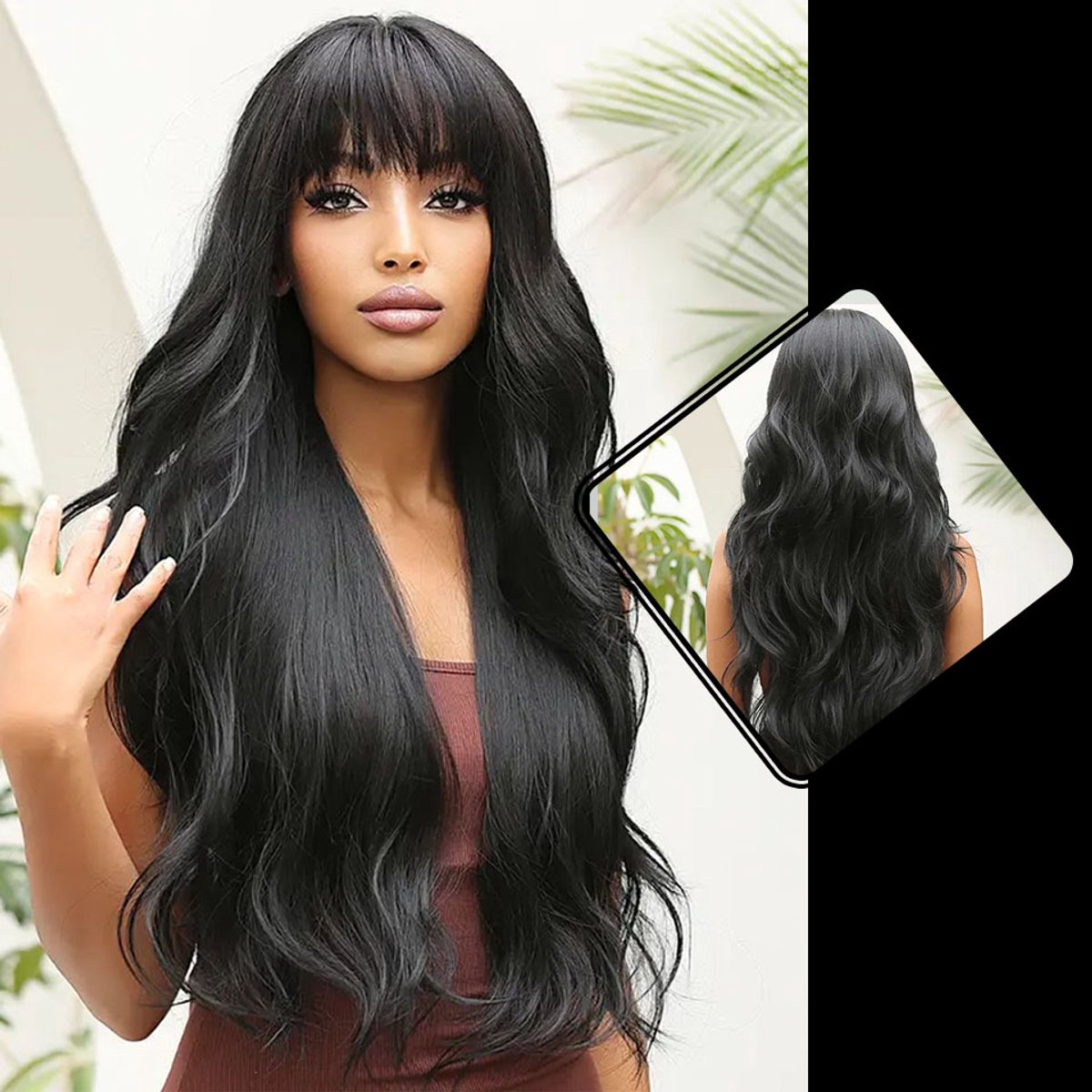 Wigs & More - Zwarte pruik dames - Zwarte pruiken - Black wigs – Golvend & Krullend – Met Pony – Wasbaar – 70 cm