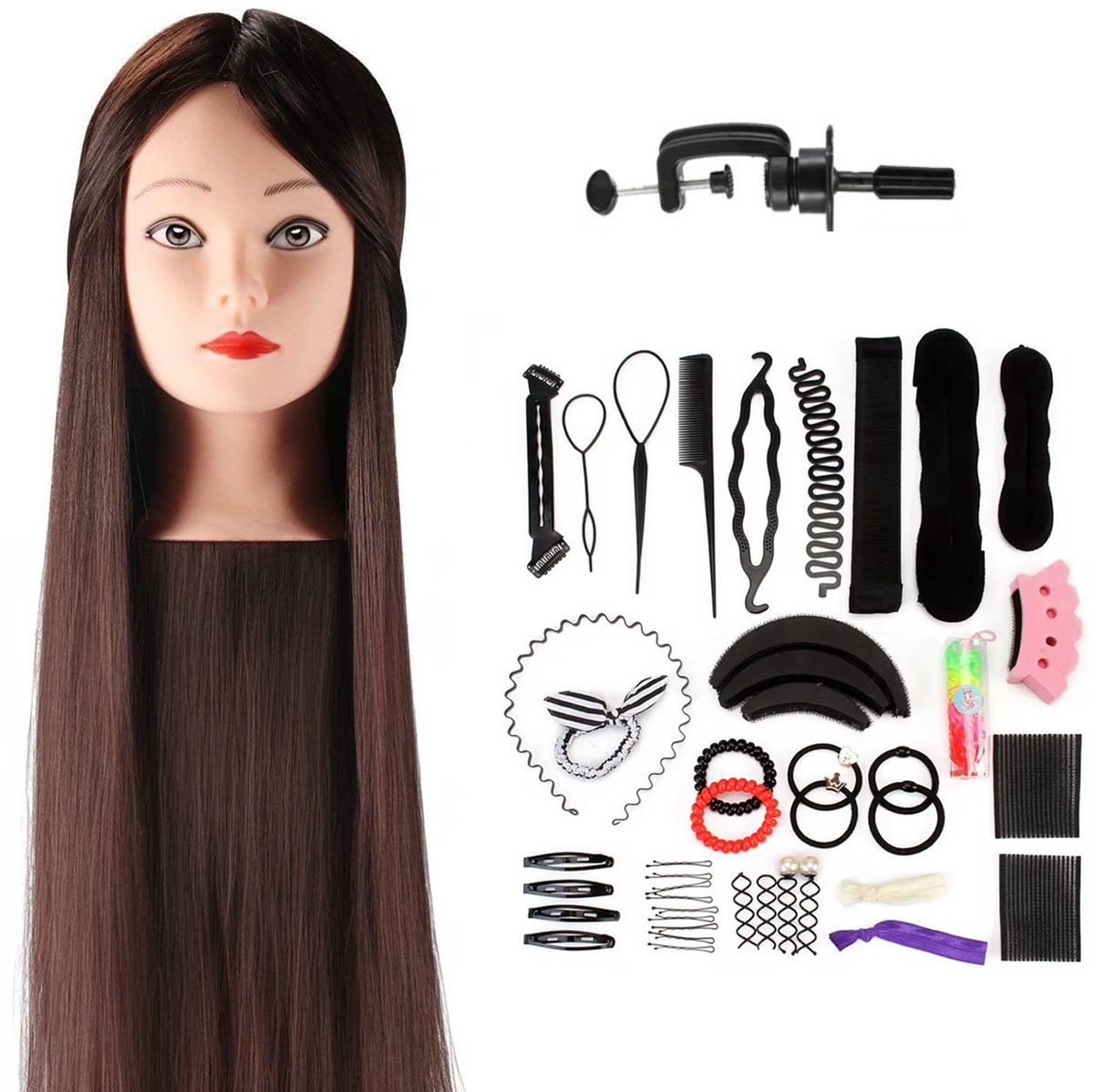   Oefenhoofd - Kapperspop - Kappershoofd Bruin haar - Incl. tafelklem en styling accessoires - 65 cm