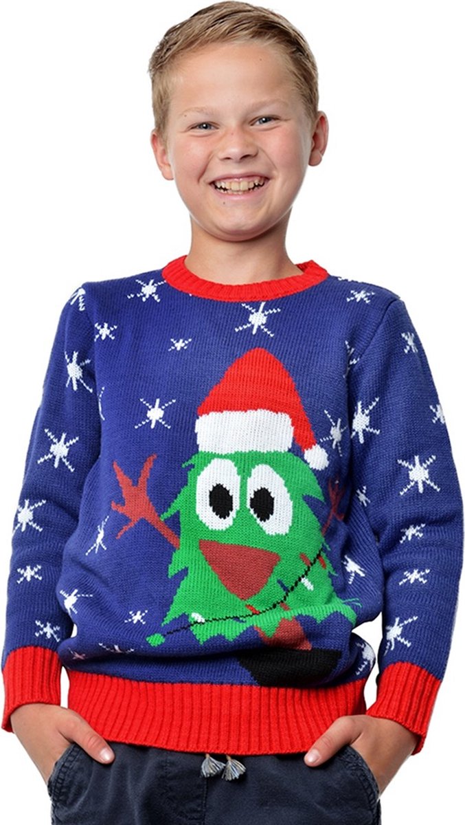 Foute kersttrui kinderen blauw kerstboom.