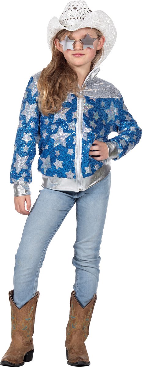 Glamorous Pailletten Jasje Sterren Meisje Blauw - Maat 128