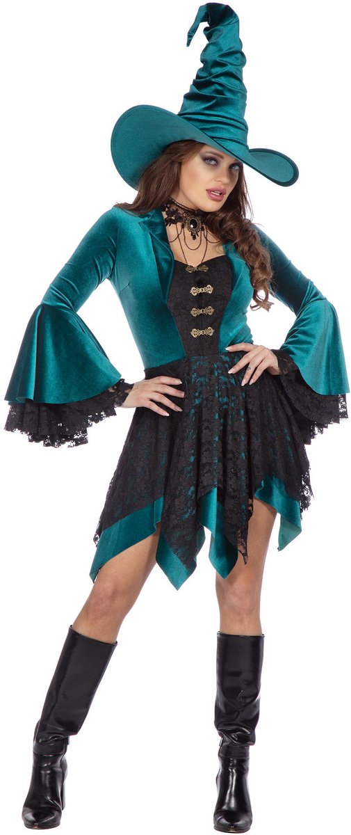 Heksenjurk Velvet Luxe Groen - Halloween Kostuum - Dames - Maat XL