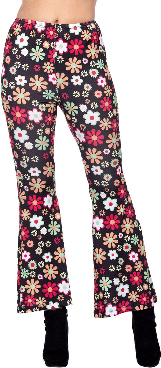 Hippiebroek Zwart met Kleurrijke Bloemen Dames - Maat 38/40