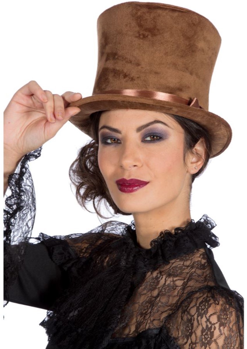 Hoge hoed velvet XL (met elastiek) bruin