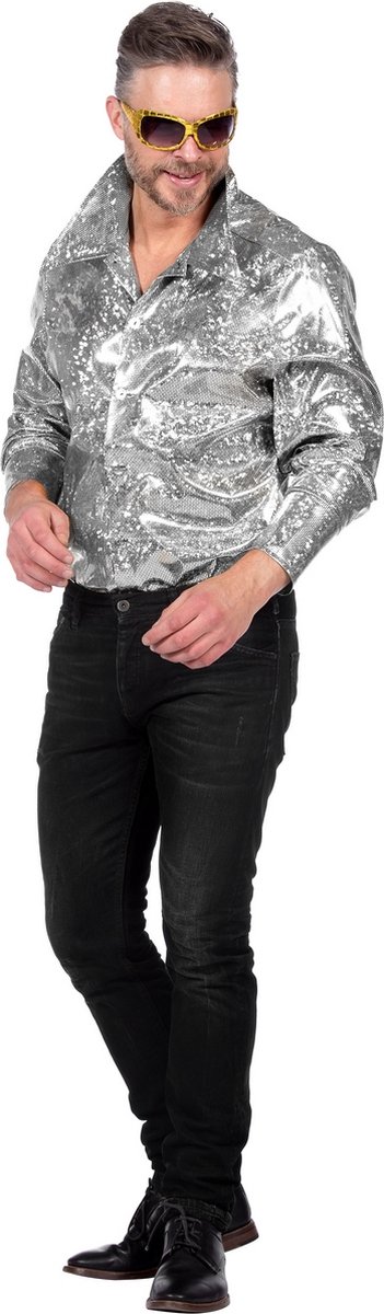 Wilbers & Wilbers - Jaren 80 & 90 Kostuum - Zilveren Shine Disco Overhemd Man - Zilver - Medium - Carnavalskleding - Verkleedkleding