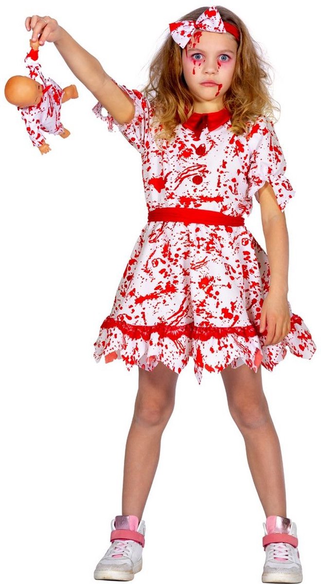 Wilbers & Wilbers - Living Dead Dolls Kostuum - Bloedmooi Popje Pipa - Meisje - rood,wit / beige - Maat 176 - Halloween - Verkleedkleding