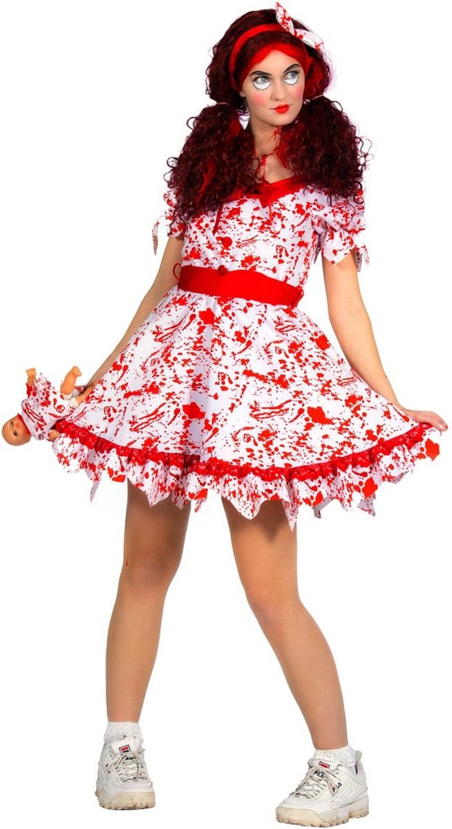 Wilbers & Wilbers - Living Dead Dolls Kostuum - Bloody Doll Angelina - Vrouw - rood,wit / beige - Maat 42 - Halloween - Verkleedkleding