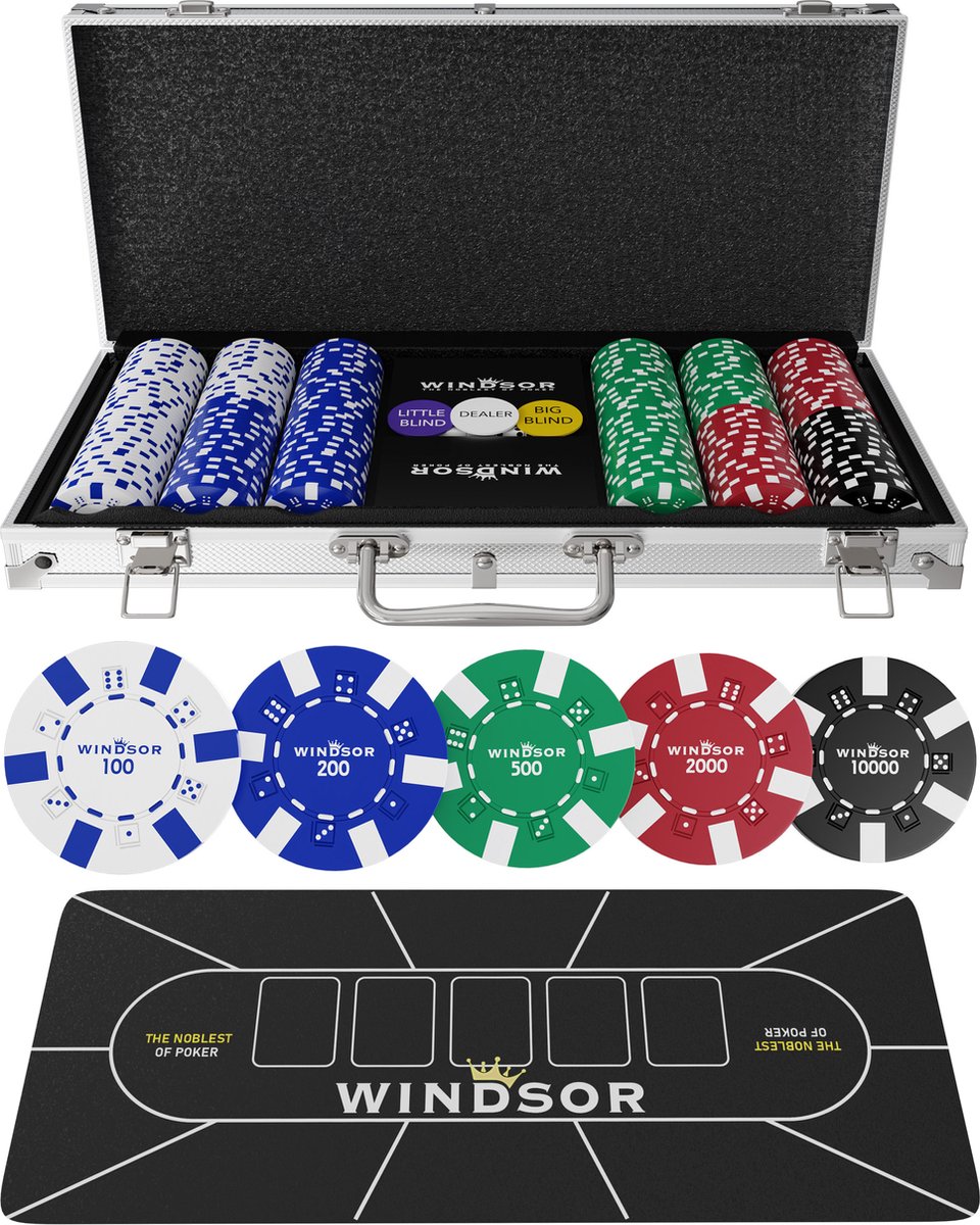 Windsor Pokerset - 300 Chips - PokerKleed - Blinds - Kaarten - Pokerchips - Poker Fiches