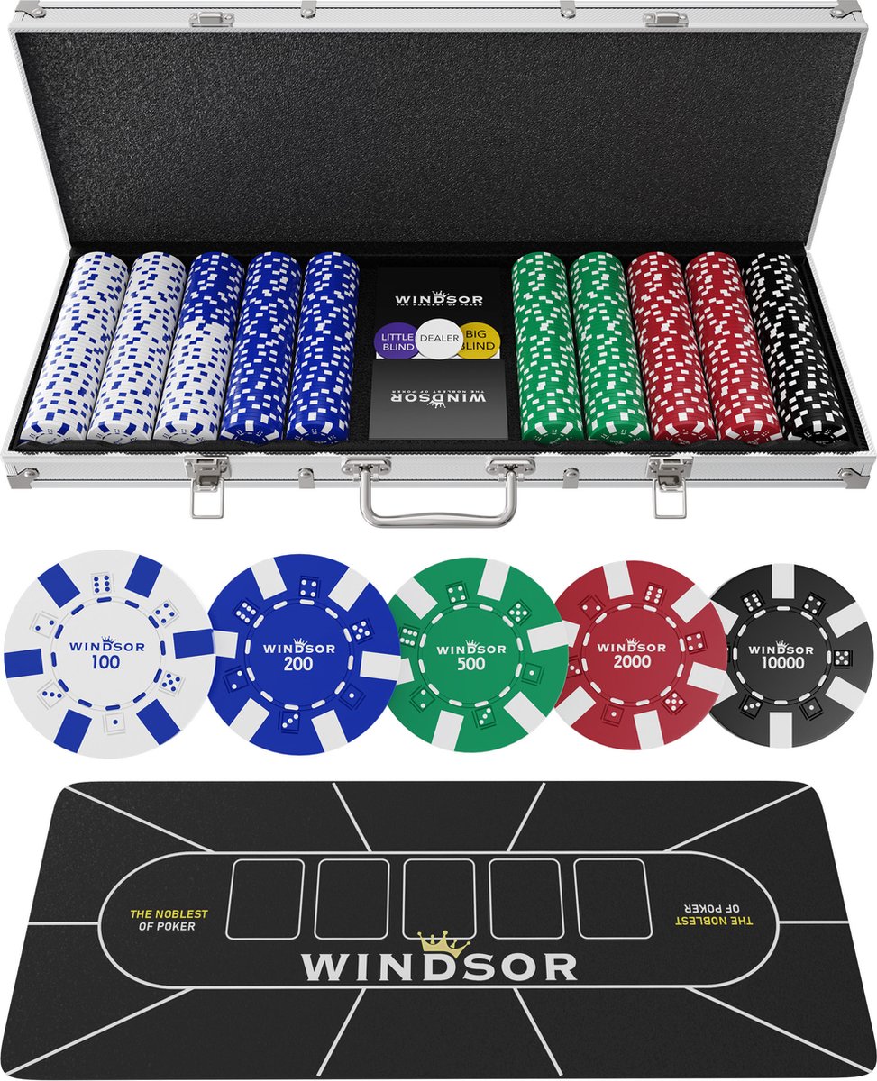 Windsor Pokerset - 500 Chips - PokerKleed - Blinds - Kaarten - Pokerchips - Poker Fiches