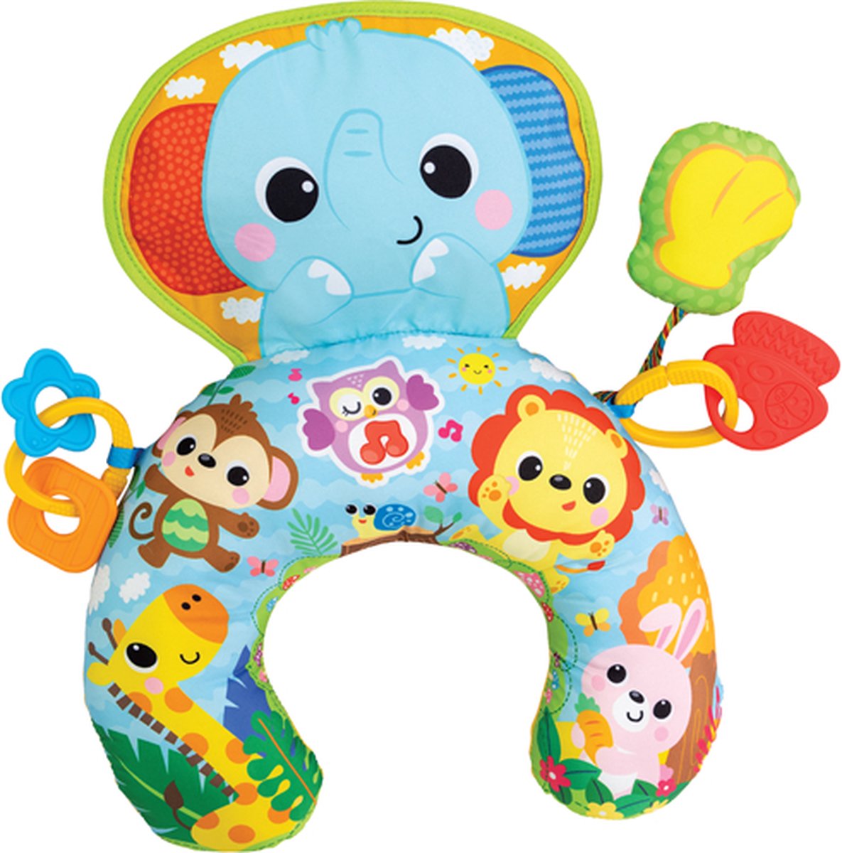 WINFUN Jungle Fun Tummy Time Kussen speelt vrolijke melodietjes met rammelaar en babyveilige bijtring