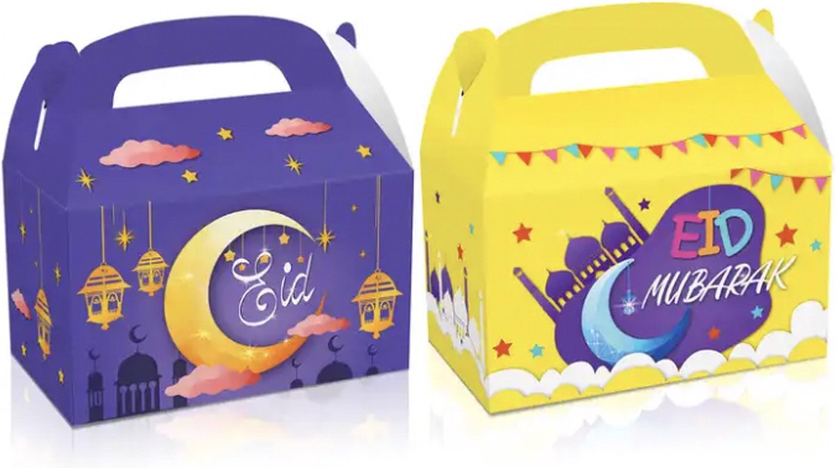 WD - Eid Mubarak goody box - 12 stuks - traktatie box - uitdeel box - geschenk box - feest - geel/paars
