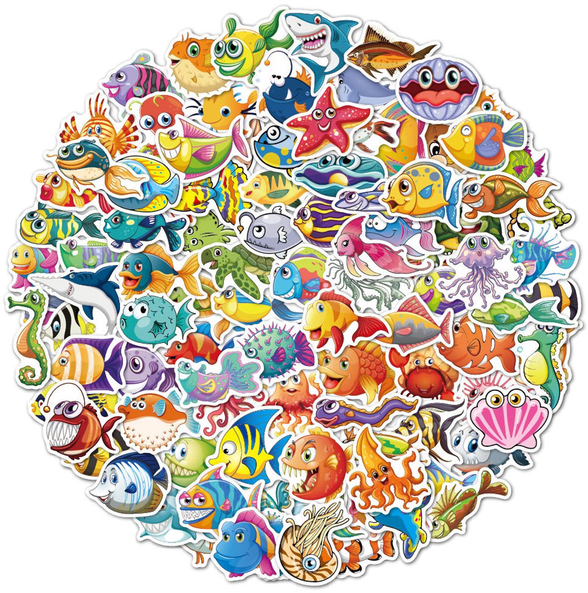 100 grappige Stickers met Vissen & andere Zeedieren - Mega Set Vinyl Stickers, geschikt voor kinderen