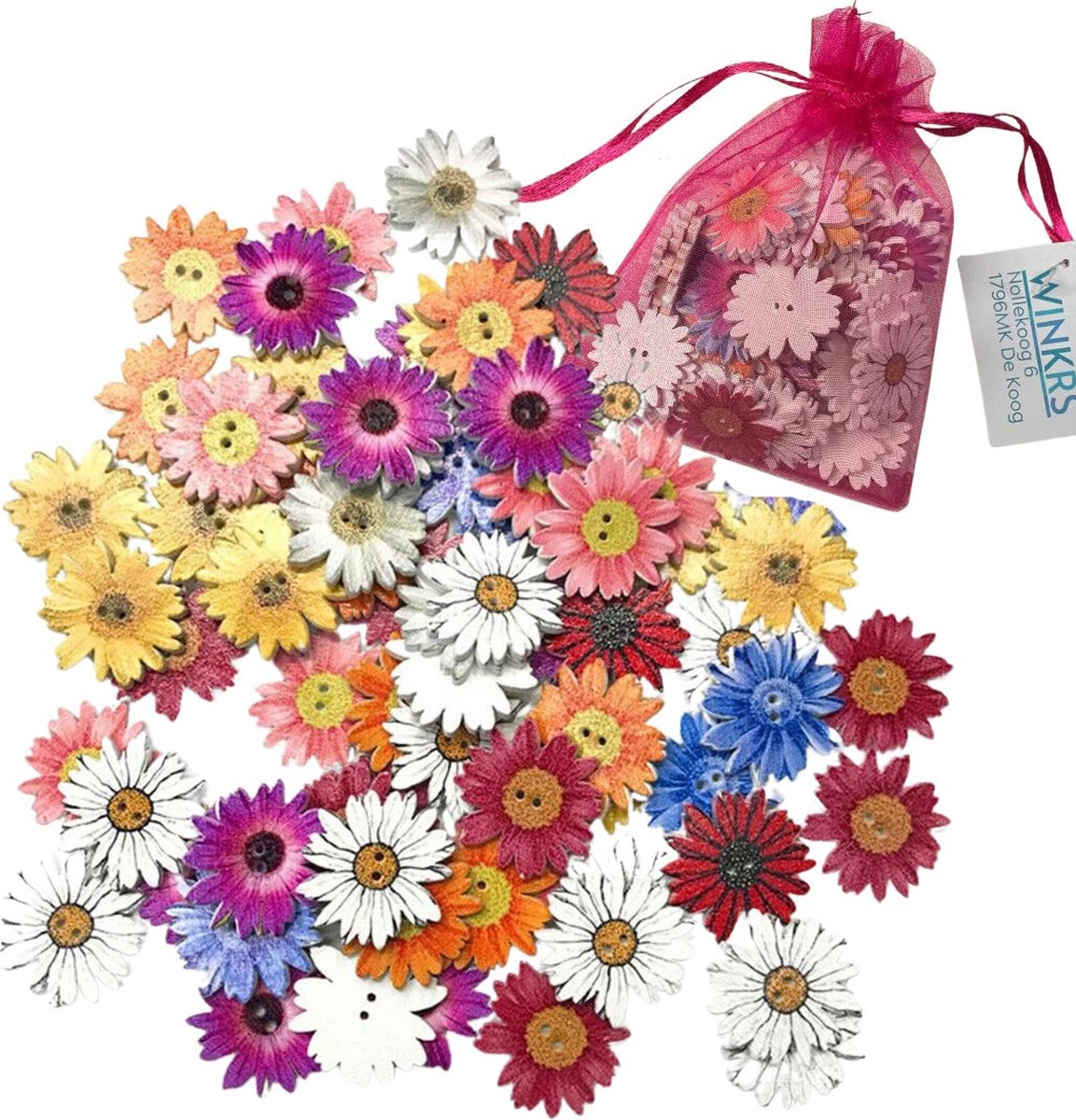 50 Houten knopen in bloemvorm - 25mm - DIY - Chrysanten in diverse kleuren - Bloemen decoratie