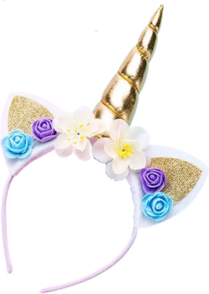 Eenhoorn diadeem voor kinderen - Goud met glitters, bloemen