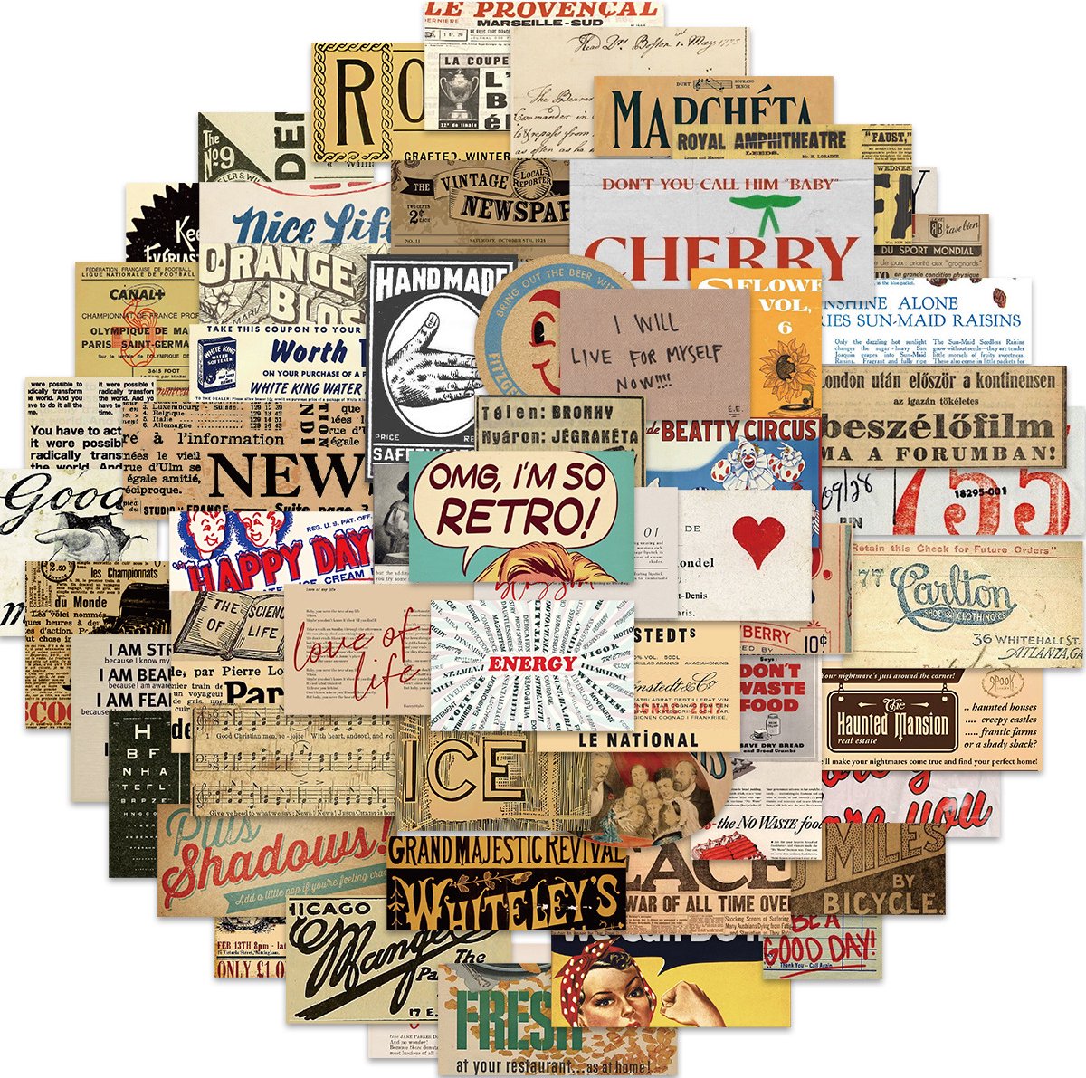 Retro Sticker mix met Krantenberichten en Advertenties - 50 stuks - 4x5CM - Stickers voor volwassenen - Laptopstickers/Bullet Journal Stickers