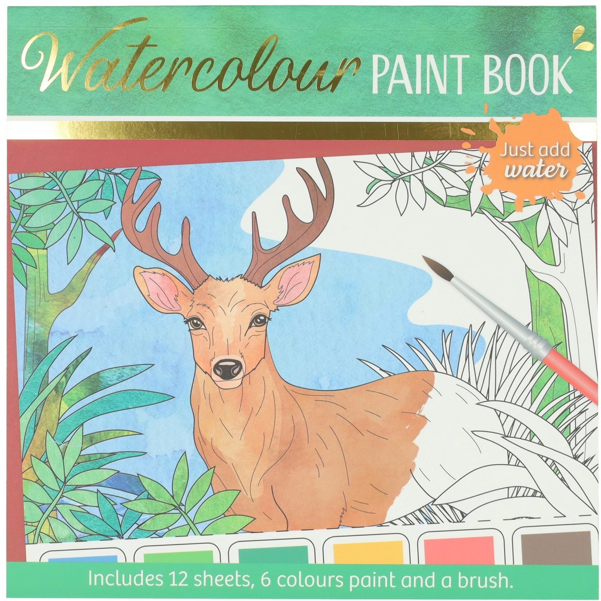 Waterverfkleurblok Volwassenen - Bosdieren - incl Penseel en 6 kleuren waterverf