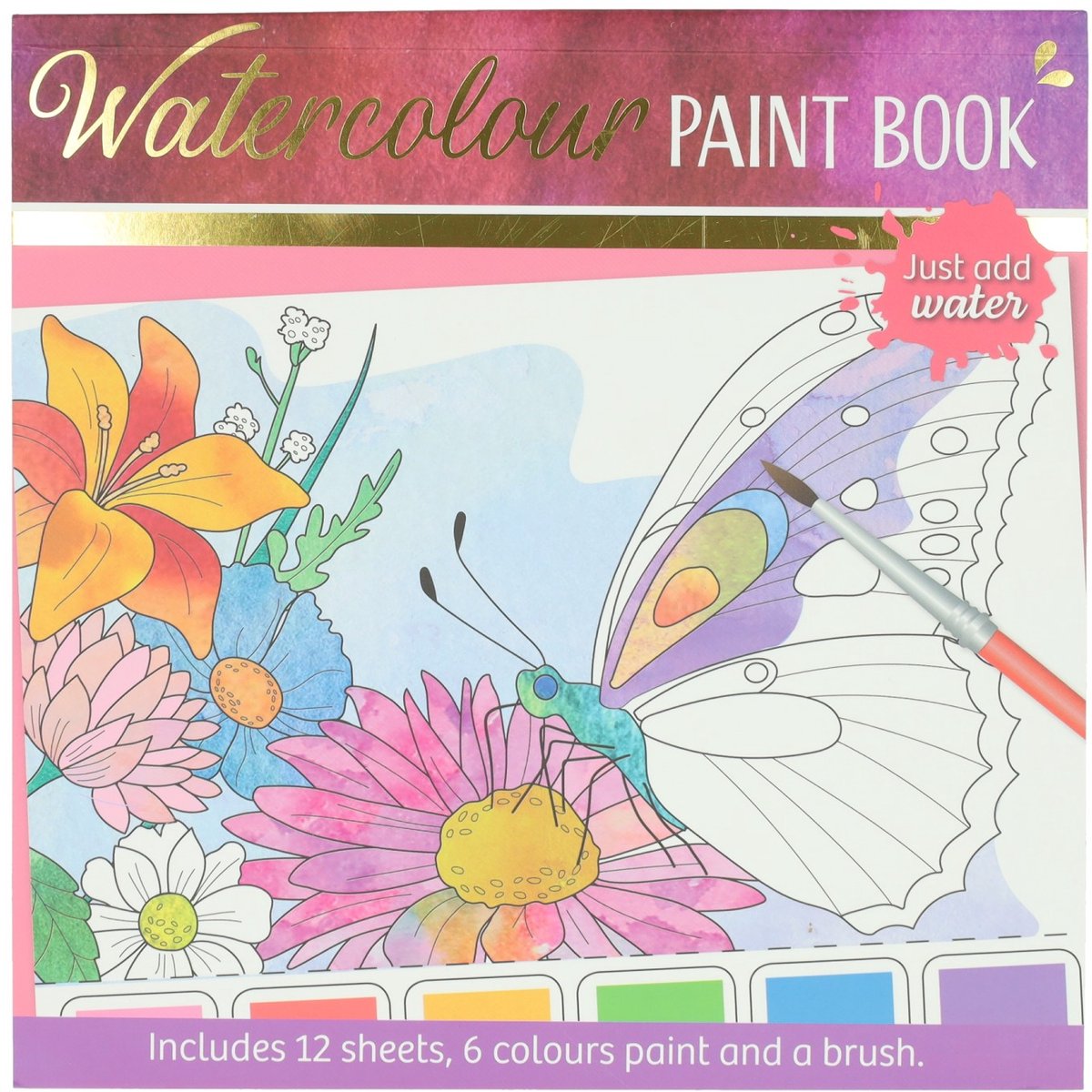 Waterverfkleurblok Volwassenen - Vlinders en Bloemen - incl Penseel en 6 kleuren waterverf