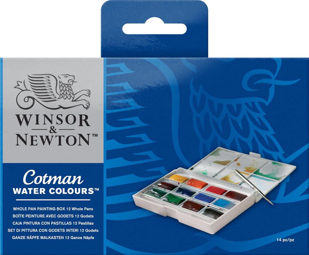 Winsor & Newton Cotman Aquarelverf Painting Box 12 hele napjes + penseel