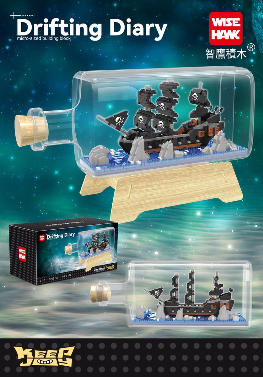 Black Pearl Piratenschip in een fles, nanoblocks, 1226 delig