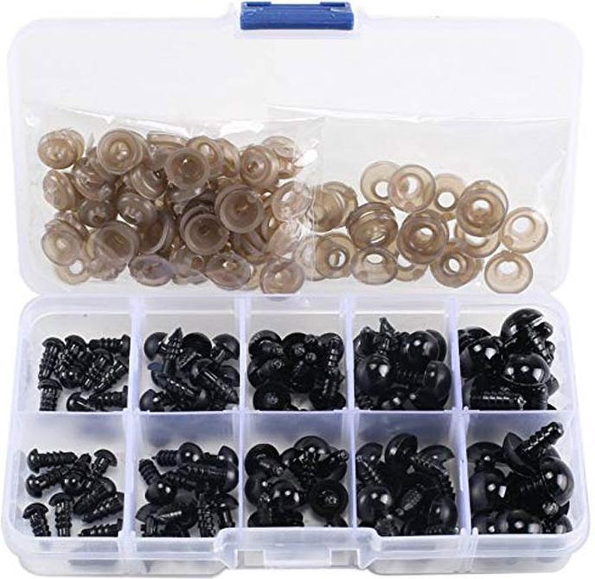   Premium  jes Inclusief Sluitring - Knuffels Reparatie - Zwart - Opbergdoos met 100 Stuks - 6,8,9,10 & 12 MM