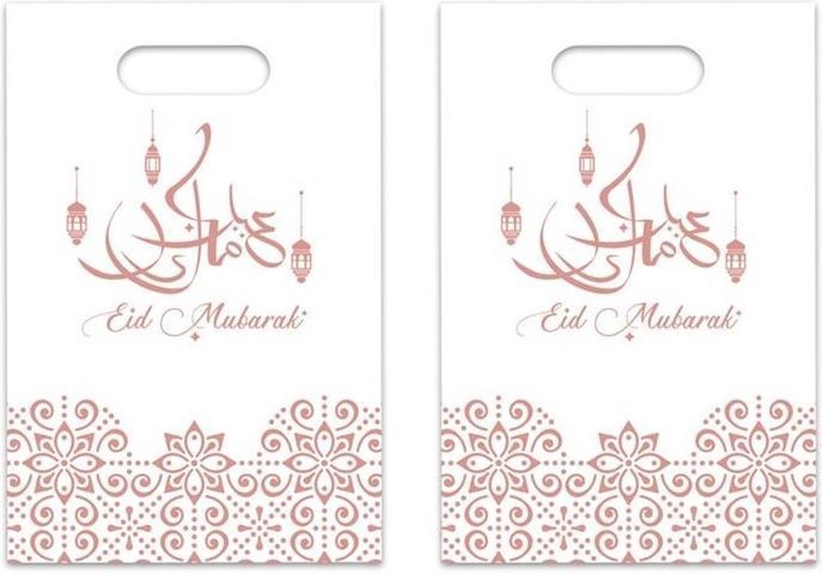 12x stuks Ramadan Mubarak thema feestzakjes/uitdeelzakjes wit/rose goud 23 x 17 cm - Suikerfeest/offerfeest