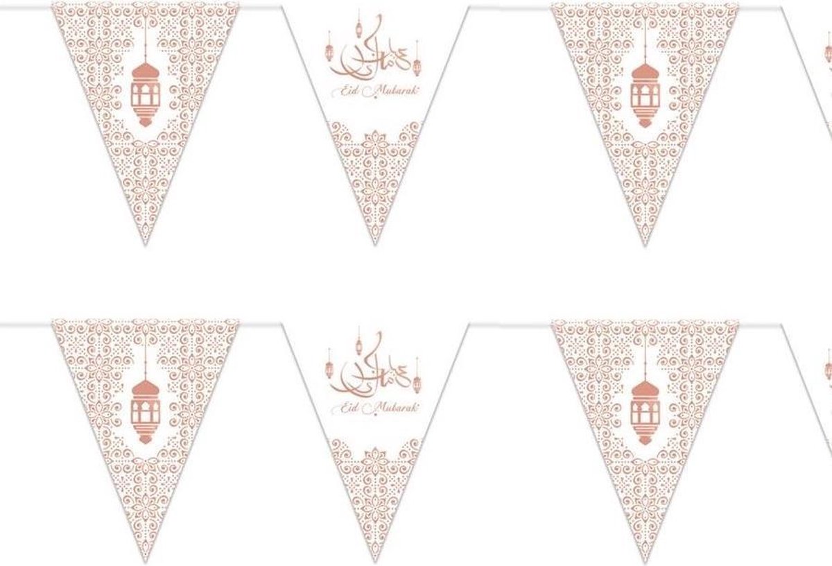 3x stuks Ramadan Mubarak thema vlaggenlijnen/slingers wit/rose goud 6 meter - Suikerfeest/offerfeest versieringen/decoraties