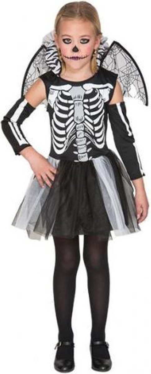verkleedjurk skelet meisje polyester zwart/wit mt 122-140