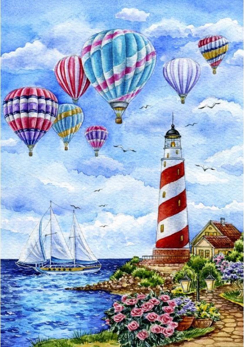Diamond Painting  Vuurtoren en Luchtballonen  70 x100Cm   