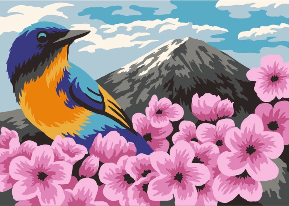 Schilderen op nummer Wizardi - Sakura - Vogel op bloem - klein pakketje schilderen op nummer geschikt voor kinderen