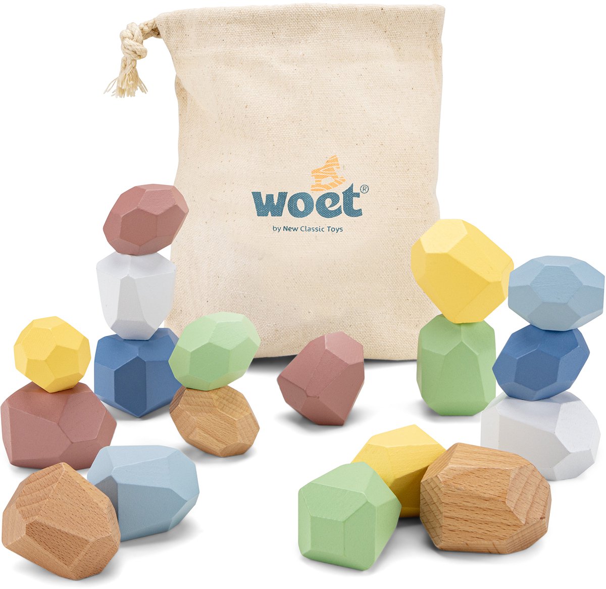 Woet® Houten Balansblokken - 18-delige Stapelstenen Set - Montessori Stapelspeelgoed met handige Opbergzak - FSC - Vanaf 18 Maanden