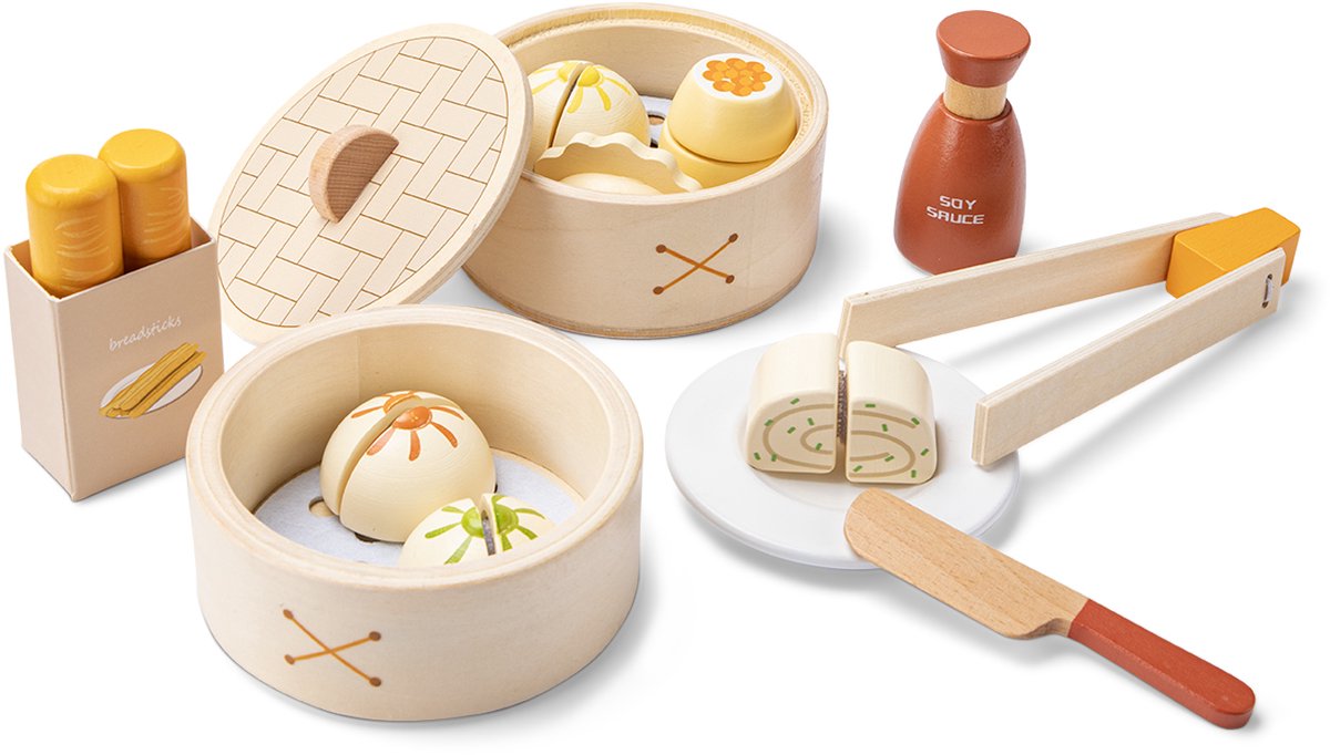 Woet® Houten Dim Sum Speelset - 23-delig Aziatisch Rollenspel Speelgoed - Inclusief Dumplings, Stokjes, Sojasaus en Stoommandjes - FSC Educatief Keukenspeelgoed - Speelgoedeten voor Kinderen - Vanaf 3 Jaar