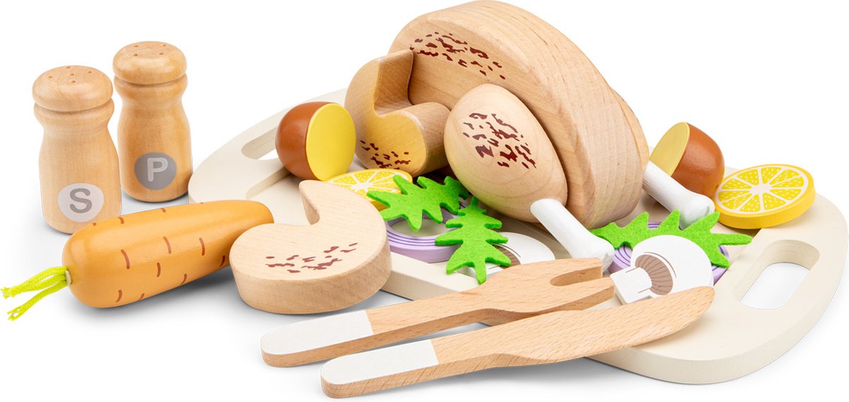 Woet® Houten Gebraden Kip met Groenten Speelgoedset - Inclusief Dienblad, Bestek en Zout & Peper - FSC - Speelgoedeten - Rollenspel Keukenspeelgoed - Vanaf 2 Jaar