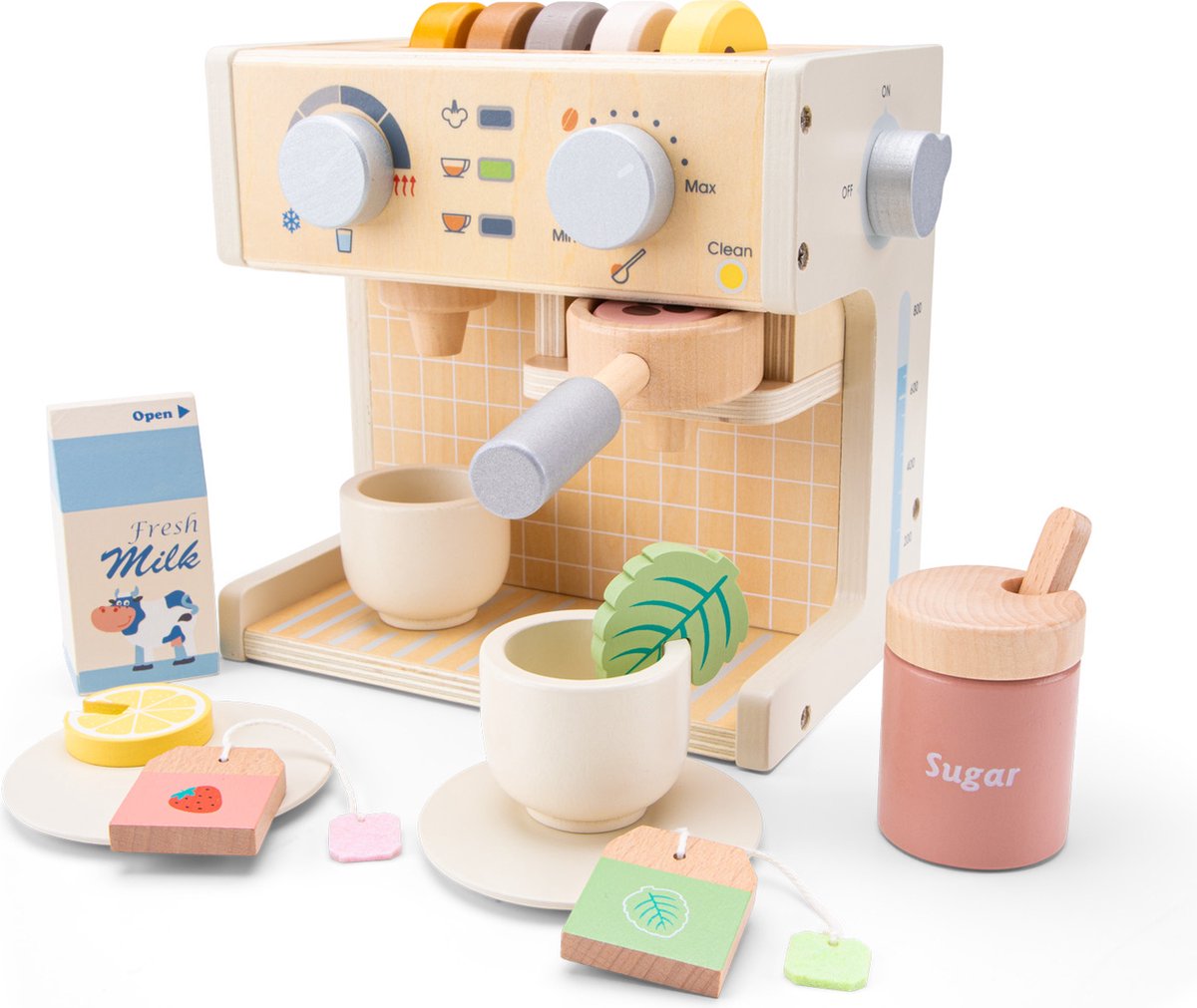 Woet® Houten Koffiezetapparaat Speelgoed - Inclusief Kopjes, Melk, Suiker en Theezakjes - Espressomachine voor Kinderen - FSC - Rollenspel Keukenspeelgoed - Vanaf 3 Jaar