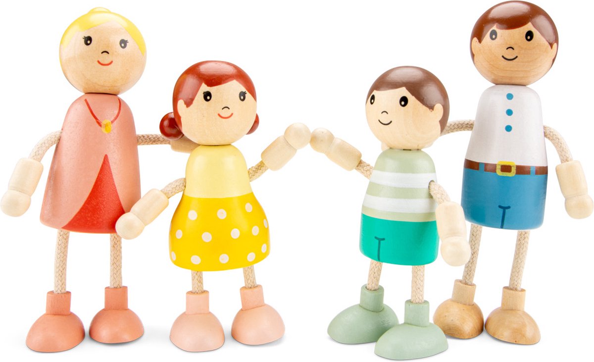 Woet® Houten Poppenhuispoppen - Familie van 4 Poppetjes - Flexibele Poppen voor Poppenhuis - FSC - Rollenspel Speelgoed - Vanaf 3 Jaar