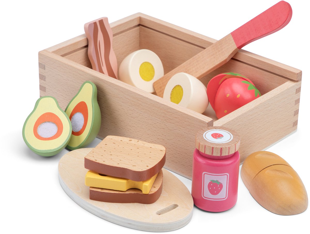 Woet® Houten Snijset Ontbijt in Opbergdoos - Speelset Ontbijt met Snijplank Brood, Kaas, Ei en Fruit - Educatief Speelgoedeten - Rollenspel Keukenspeelgoed - Vanaf 2 Jaar