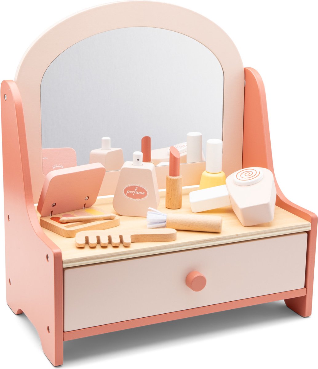 Woet® Houten Speelgoed Kaptafel - Roze Make-up Tafel met Spiegel & 7 Accessoires - Rollenspel voor Kinderen - Vanaf 3 Jaar