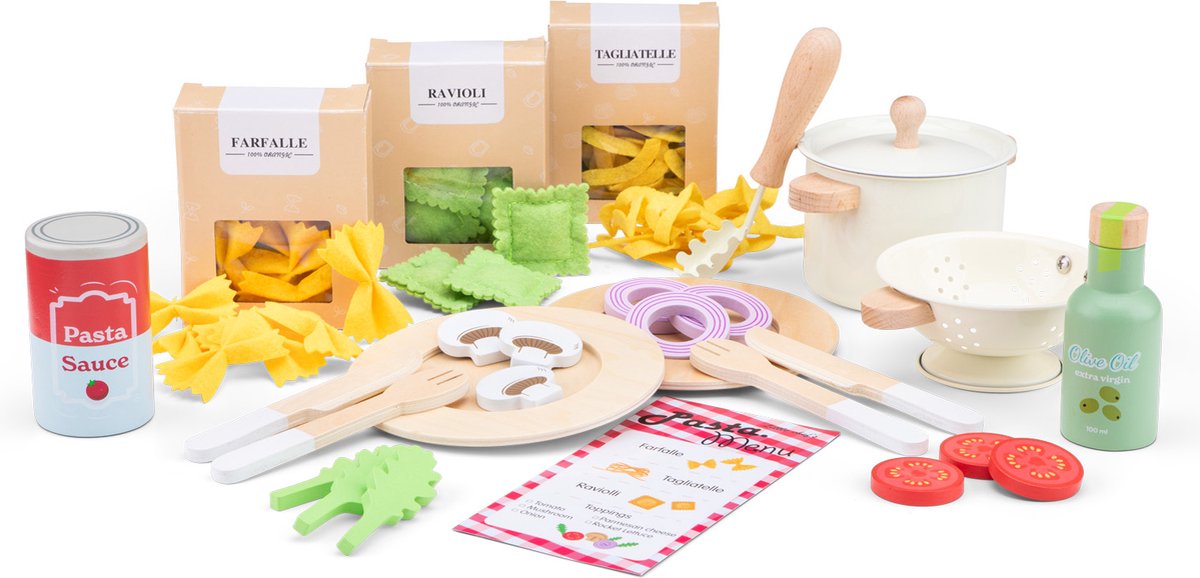 Woet® Houten Speelgoed Pasta Set - Maak je eigen pasta Speelgoedset - FSC - Inclusief Ravioli, Tagliatelle, Farfalle & Saus - Speelgoedeten - Rollenspel Keukenset - Vanaf 3 Jaar