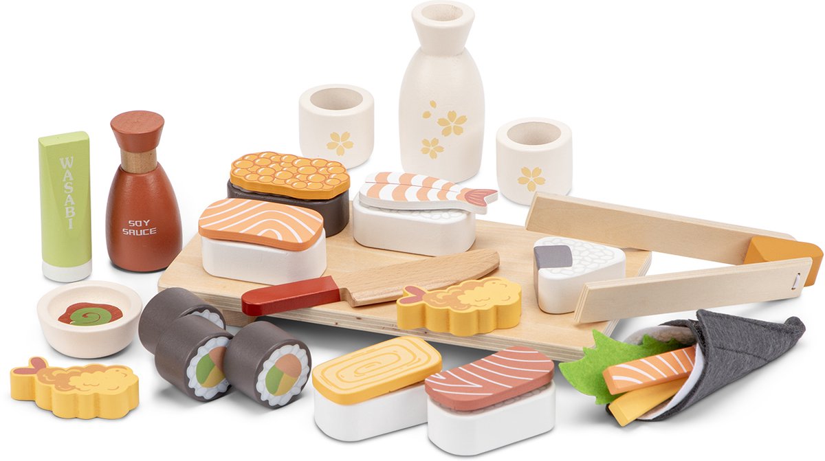Woet® Houten Sushi Speelset - 30-delig Japans Rollenspel Speelgoed - Inclusief Stokjes, Sojasaus en Serveerplank - FSC Speelgoedeten - Educatief Keukenspeelgoed - Vanaf 3 Jaar