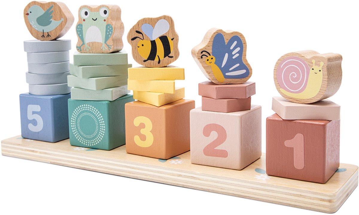 Woet® Houten Tel & Stapel Blokken - Leren Tellen 1 t/m 5 - FSC Stapel- en Sorteerspel - Vormen, Dieren & Kleuren - Montessori Puzzel - Educatief Speelgoed - Vanaf 18 Maanden
