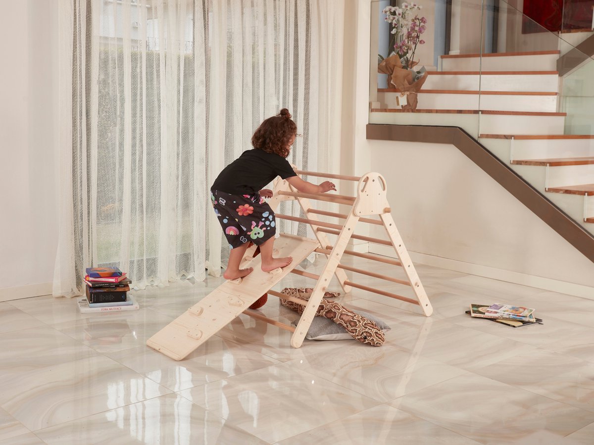 WonderWoody - Pikler Driehoek met Glijbaan - Houten  - Opvouwbare Klimdriehoek- Montessori Meubels Houten Speelgym -   Kinderen