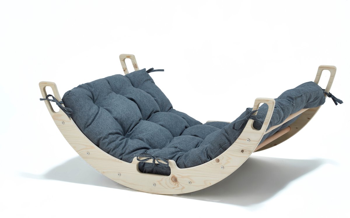 WonderWoody Montossori Houten klimboog/Klimrek - Klimrek Kinderen - Houten Speelgoed - Babygym Hout - Montessori Speelgoed - Houten Speelgym - Pikler Klimrek - Klimbrug/Klimboog met Kussen - Grijs Kussen