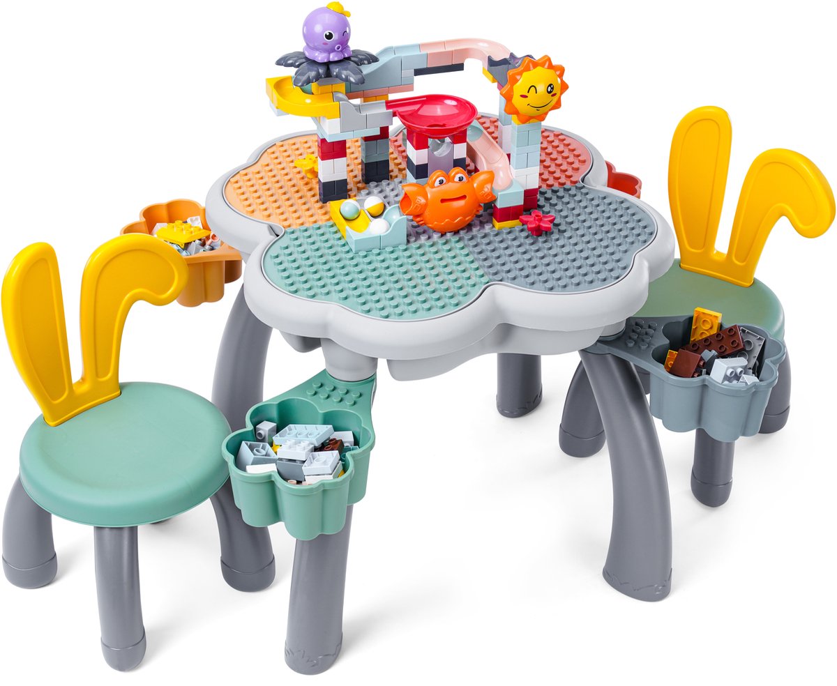     BTF003 - Geschikt voor Duplo - Met 2 Stoelen En 4 Speelgoed Opbergvakken - Kindertafel - Incl. 152 Bouwblokken Voor Knikkerbaan