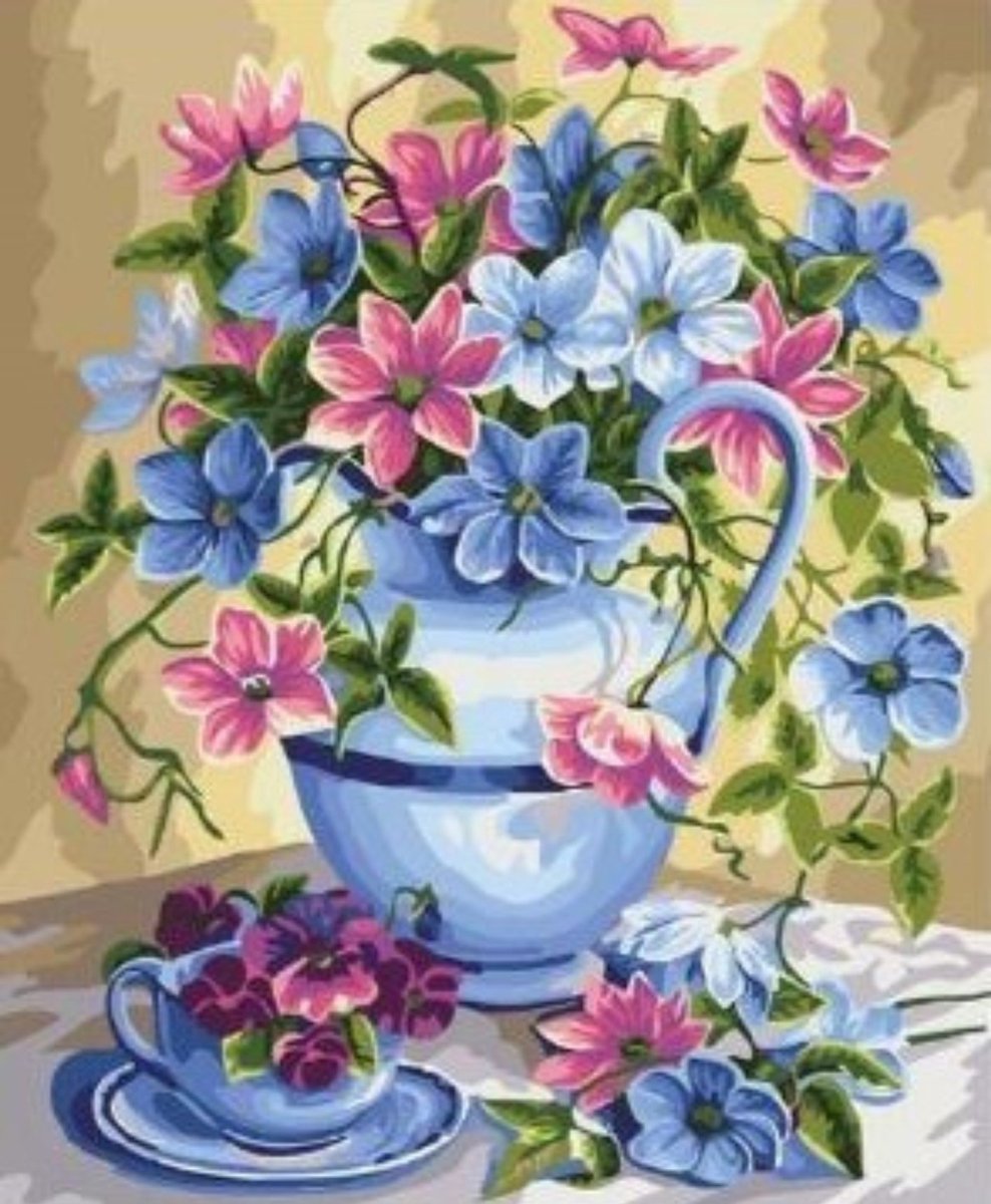 Diamond painting - Diamond painting volwassenen - Diamond painting pakket volledig - Bloemen in vaas - 30x40cm - ronde steentjes