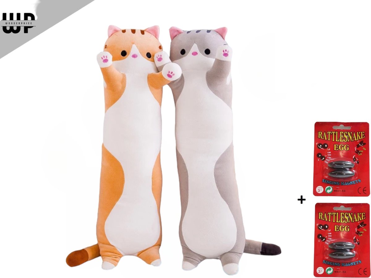 Wonderprice - 2 set - Lange Kat Knuffel kawaii + 2 setjes Fidget Snake Eggs - Kawaii Kussen - Lange Kat Knuffel - 70cm - Kawaii Knuffel - Grijs en Bruin