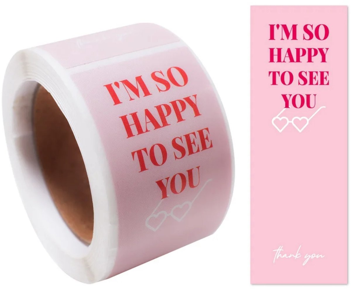 Sluitstickers voor Brievenbusdoosjes - Sweet Pink - I`m so Happy to See You - 1 Rol (100 stickers) - Small Business - Bedankt Sticker - Dooszegel - Label Verzendverpakking - Verzendzegel - Sticker voor Verzenddoos - Doos Zegel