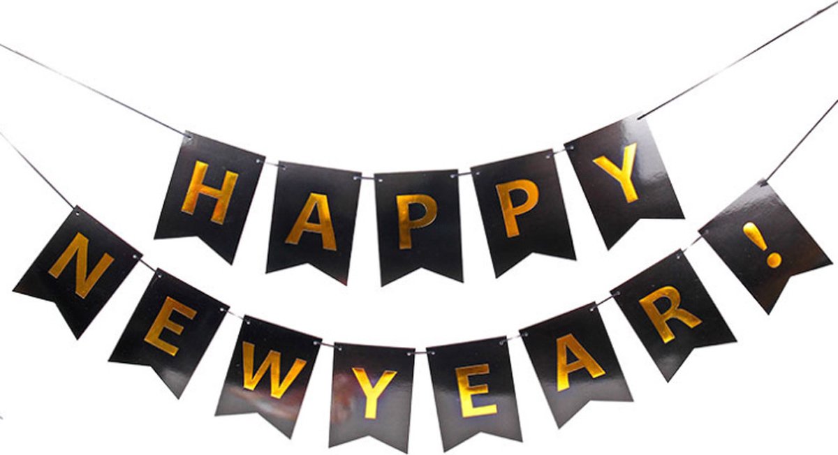 Happy New Year Slinger – Banner –  Letterbanner - Oud En Nieuw Versiering – Feest Decoratie – NYE Vlaggenlijn Voor Binnen En Buiten – Jaarwisseling 2022 – Nieuwjaar Party - Letterslinger Zwart Goud –
