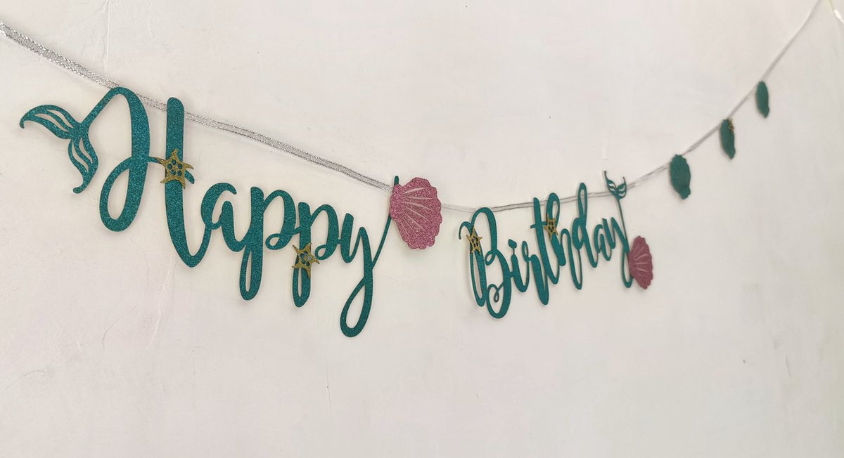 Mermaid Happy Birthday Slinger - Verjaardag - Glitter - Zeemeermin - Ariel - Birthday Party Decoration - Roze - Groen - Schelpen - Versiering