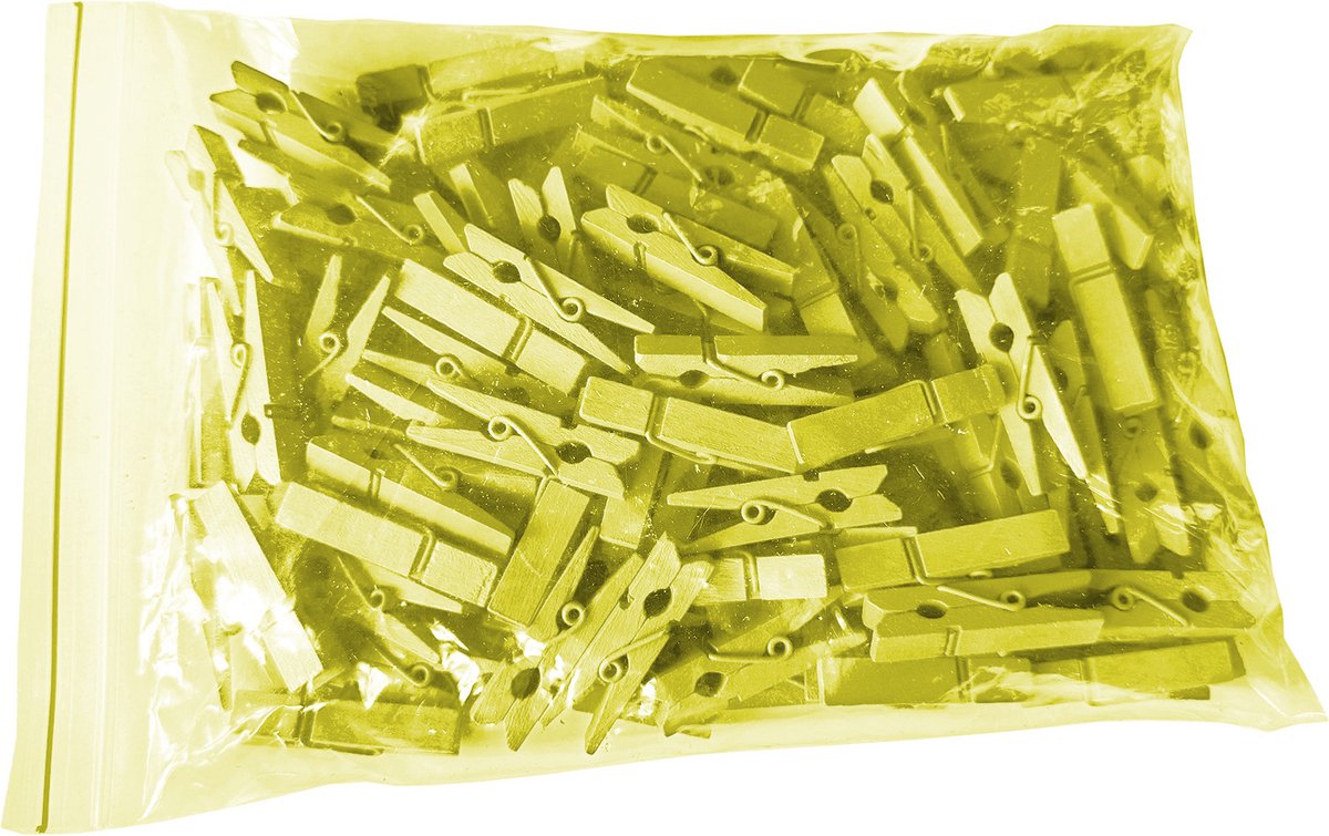 Set van 100 kleine wasknijpers van hout (35 mm, geel)