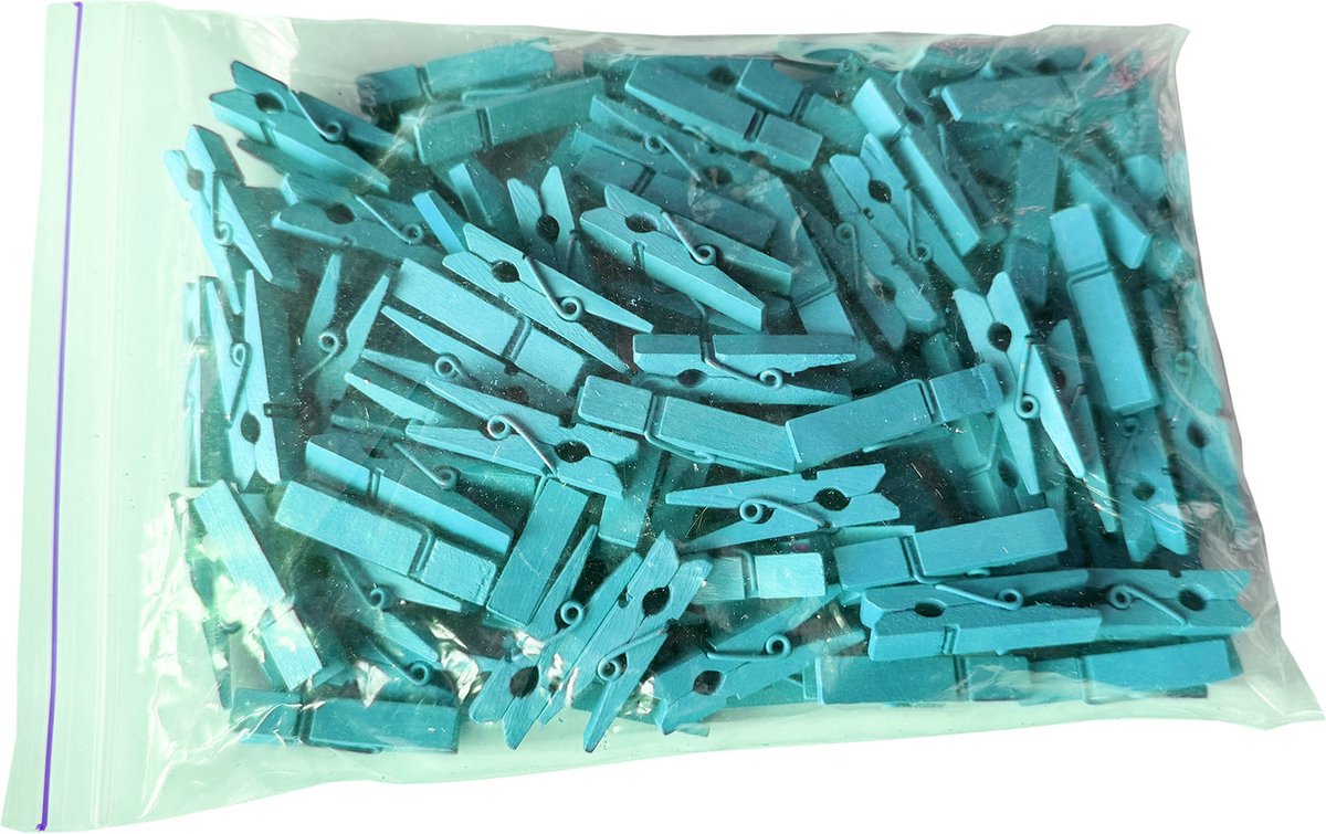 Set van 100 kleine wasknijpers van hout (35 mm, lichtblauw)