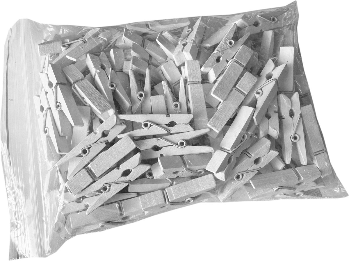 Set van 100 kleine wasknijpers van hout (35 mm, wit)