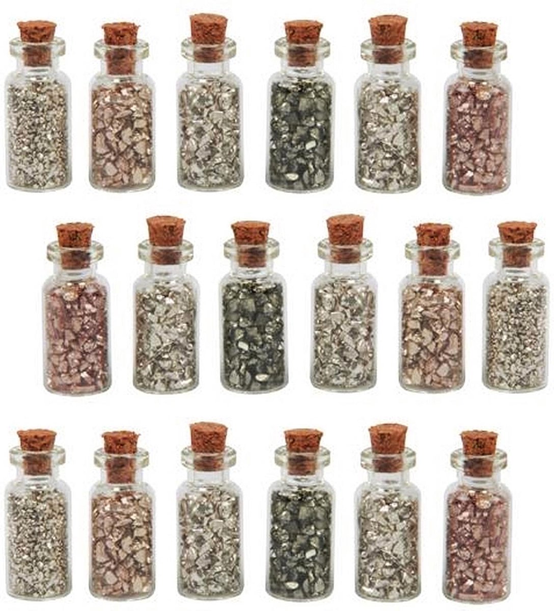 Set van 18 mini flesjes met mini decosteentjes (type 3)
